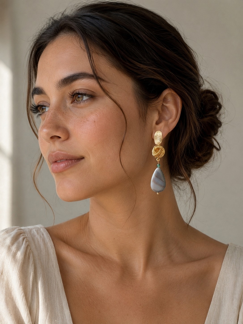 Gold-Tone Drop Earrings with Gray Teardrop and Green Accent